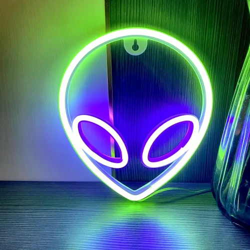 Vista 2 de Letrero de neón con cabeza de alienígena, 1 unidad, luz de neón de alienígena verde y morado, USB o 3 pilas AA, divertido letrero de neón iluminado
