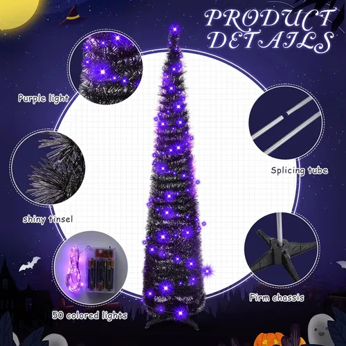 Vista 3 de Aoriher Árbol de Navidad de Oropel Negro Plegable Emergente Preiluminado de 5 pies con Luces de Cadena Moradas, Árbol Artificial Reutilizable
