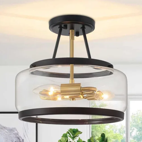 Vista 13 de Lámpara de techo semiempotrada dorada de 11.81 pulgadas, moderna lámpara de techo de tambor de cristal, lámpara de techo de 3 luces para pasillo