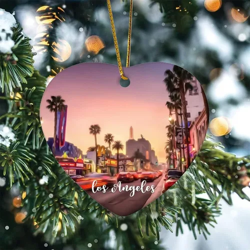 Vista 3 de Escena de la ciudad de Los Ángeles, paisaje urbano, paisaje natural, adorno de corazón, decoración de árbol de Navidad, adorno de Navidad plano