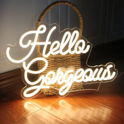 Vista 6 de Letreros de neón con texto en inglés «Hello Beautiful» con texto «Hello Beautiful», luz LED rosa para dormitorio, boda, cumpleaños, telón de fondo