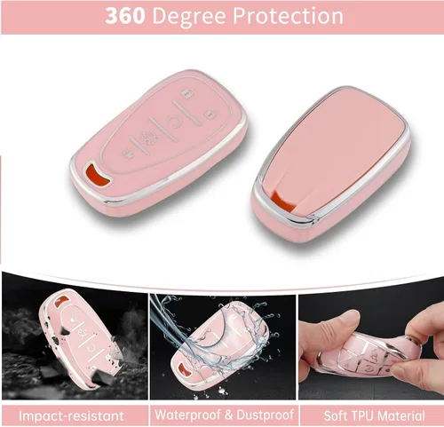 Vista 3 de Pangpai - Funda para llavero rosa para Chevy, carcasa protectora de TPU suave con llavero brillante compatible con Chevrolet Equinox Malibu Camaro