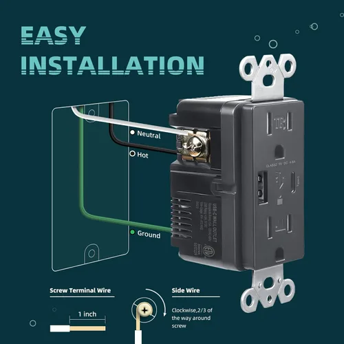 Vista 6 de TOPELER Toma de pared USB, receptáculo de cargador USB de 4.8 A con puertos tipo A y tipo C, enchufe dúplex de 15 amperios resistente a