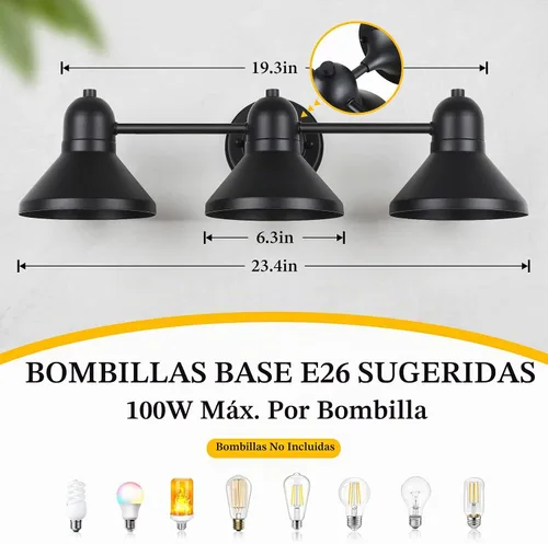 Vista 4 de Bairth - Lámpara de baño, 3 luces de metal negro sobre espejo