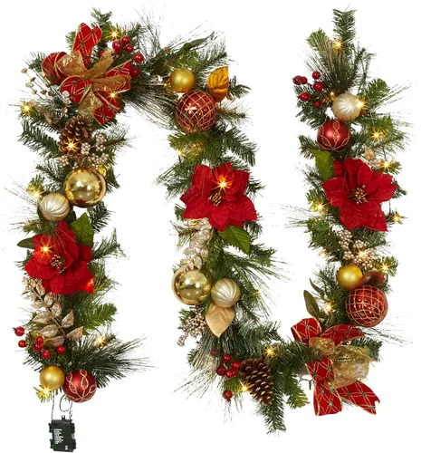 Vista 10 de Guirnalda de Navidad de 6 pies con luces, guirnalda artificial preiluminada de Navidad con conos de pino y flor de pascua, guirnalda de Navidad Oro