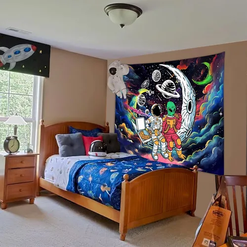 Vista 4 de Sanzugh Divertido tapiz alienígena de astronauta espacial para hombres y chicos, genial universo trippy planeta, tapices artísticos para colgar