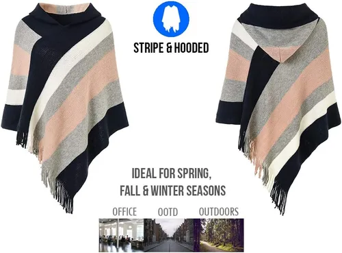 Vista 3 de Ferand - Suéter tipo poncho a rayas para mujer, estilo casual, chal con flecos versátiles