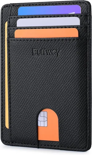 Vista 20 de Buffway - Carteras de cuero delgadas minimalistas con bolsillo frontal y bloqueo RFID para hombres y mujeres, negro (Alaska Black), Minimalista