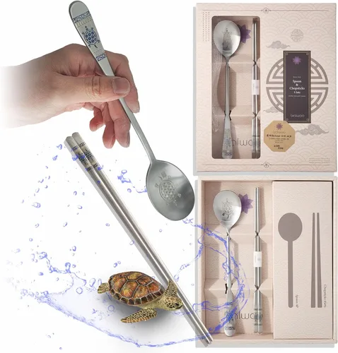 Vista 7 de [Hecho en Corea] Holograma Tortuga Diseño Mesa Coreana Pegajoso Arroz Cuchara y Palillos Palillos Planos de Acero Inoxidable 304 Superficie Mate