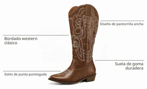 Vista 3 de mysoft Botas vaqueras para mujer de media pantorrilla bordadas estilo occidental de punta puntiaguda con tacón grueso tipo pull-on hasta la rodilla