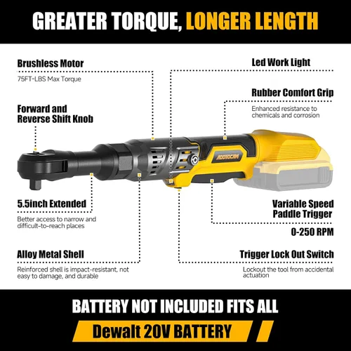 Vista 6 de Llave de trinquete inalámbrica de 3/8" para DeWalt 20V, 75 Ft-lb Amarillo