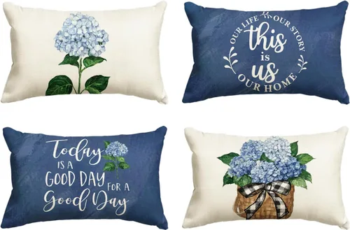 Vista 9 de AVOIN colorlife Juego de 4 fundas de almohada de hortensias azules para primavera y verano, 16 x 16 pulgadas, diseño de «Today is A Good Day»