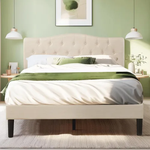 Vista 13 de VECELO - Base de cama tapizada con plataforma individual con cabecera ajustable de panel cosido con botones, fuerte soporte de listones de madera