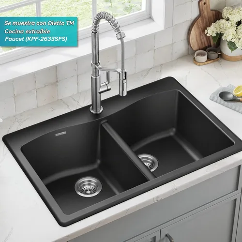 Vista 8 de Kraus Forteza - Fregadero de cocina de doble seno 50/50 de granito de instalación empotrada/sobre encimera, 33 pulgadas, color negro (KGD-52BLACK)