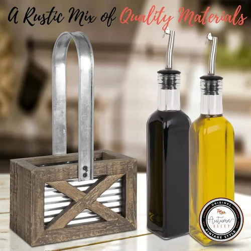 Vista 2 de Autumn Alley Rustic Farmhouse - Juego de dispensador de aceite y vinagre – Juego de soporte de aceite y vinagre de madera envejecida, metal