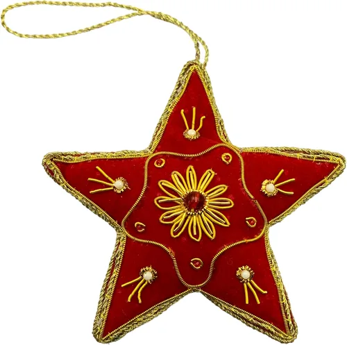 Vista 8 de Adorno de Navidad adornado con corazón verde, bordado Zari Zardozi dorado con cuentas y perlas de imitación, bolsa de presentación