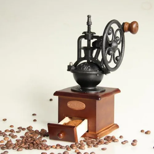 Vista 5 de Molinillo de café de manivela vintage, molino de madera clásico, molinillo de frijoles manual para café casero con práctico mango de ahorro