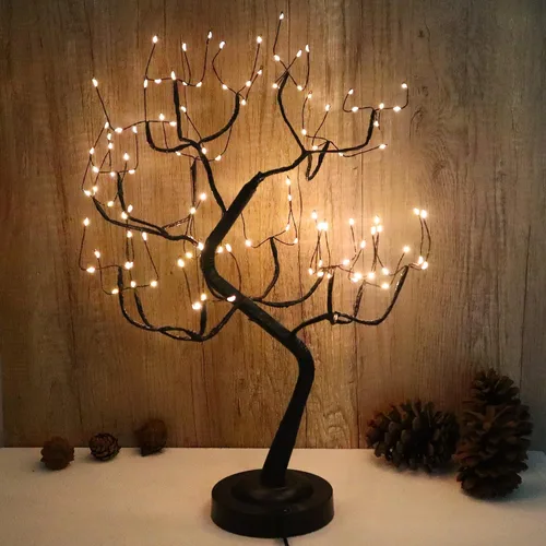 Vista 7 de 108 luces LED para árbol de mesa, 20 pulgadas, lámpara artificial de árbol bonsái parpadeante con 8 modos de iluminación y temporizador, decoración