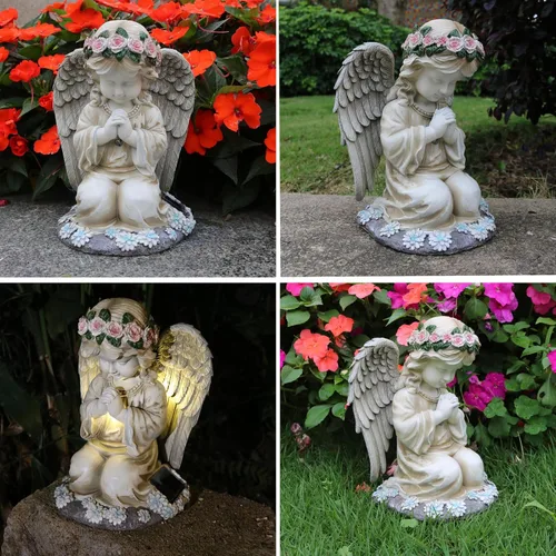 Vista 4 de Sharita Figura de ángeles rezando, estatuas solares de ángel de jardín, escultura de ángel arrodillado impermeable, adorno de decoración al aire