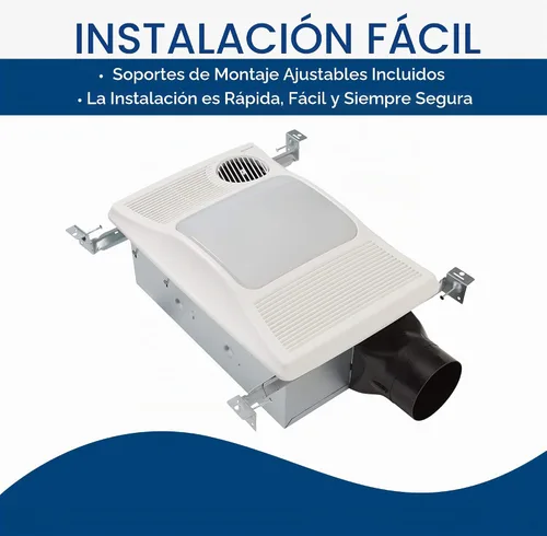 Vista 6 de Broan 100HL Ventilador de baño, 100 CFM para conductos de 4" con luz incandescente máxima de 100W (no incluida) y calentador - Blanco