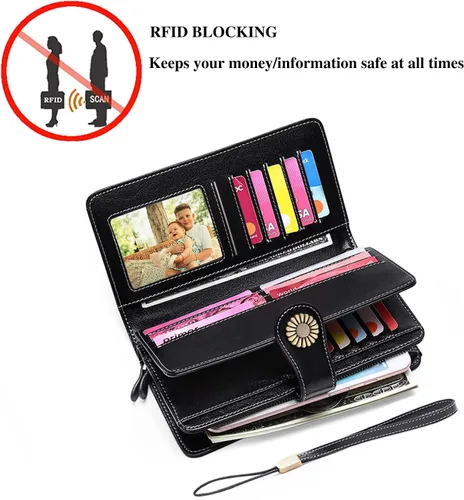 Vista 2 de Cartera de pulsera personalizada, carteras con nombre grabado personalizado con bloqueo RFID, gran capacidad, cartera de mano para tarjetas