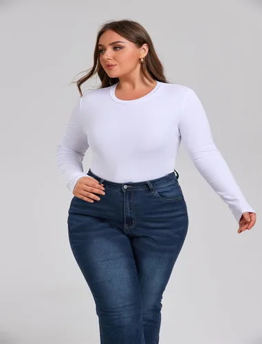 Vista 3 de Camiseta de manga larga para mujer, cuello redondo, rayón, ajustada, elástica, para mujer