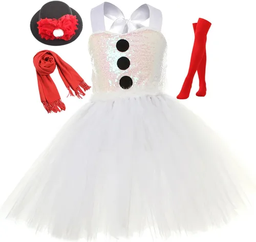 Vista 6 de Disfraz de muñeco de nieve para niñas, vestido tutú de tul blanco con diadema, bufanda y medias, disfraz de cosplay