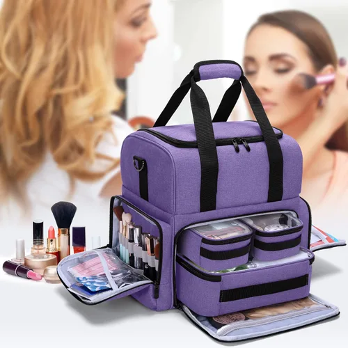 Vista 7 de BAFASO Bolsa de maquillaje de viaje grande de 2 capas con 3 bolsas Púrpura