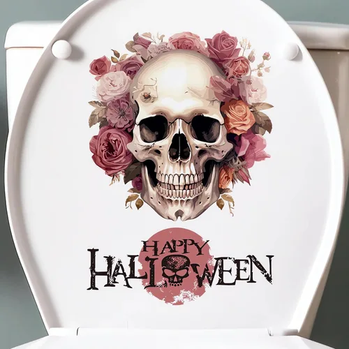 Vista 4 de Calcomanías de pared de calavera de flores de Halloween, calcomanías de pared de arte de terror de Halloween, vinilo extraíble para Halloween