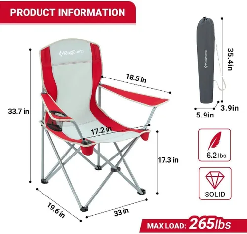Vista 3 de KingCamp Sillón plegable ligero para exteriores con portavasos y reposabrazos ajustables para campamento, eventos deportivos o portón trasero