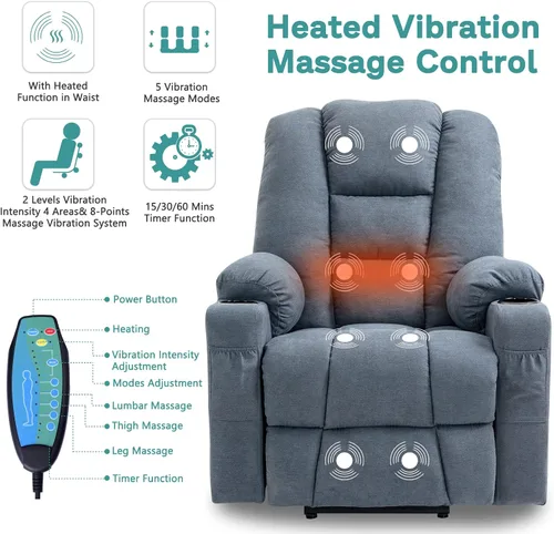 Vista 2 de MEETWARM Silla reclinable eléctrica para personas mayores con calefacción por vibración, masaje de tela suave, con 2 controles remotos, puertos USB
