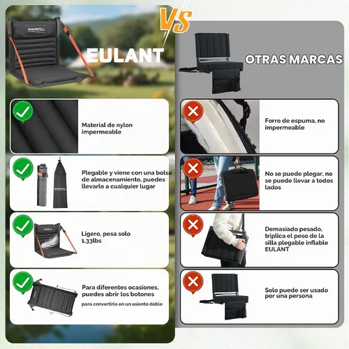 Vista 6 de EULANT Asientos plegables inflables ligeros para silla de camping con soporte trasero y correas ajustables, sillas plegables para camping