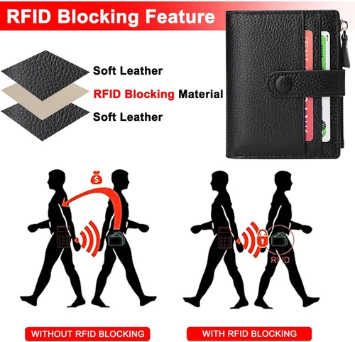 Vista 5 de FALAN MULE - Carteras pequeñas para mujer con bloqueo RFID, piel auténtica, cartera plegable delgada con cremallera y monedero para monedas