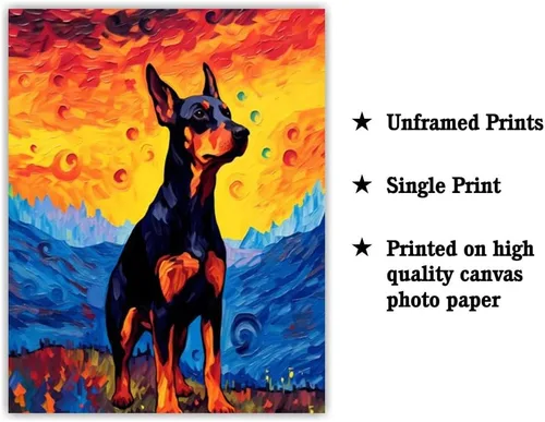 Vista 2 de Bestbuddy Pet 8 x 10 sin marco noche estrellada doberman pinscher perro mascota familia animal amigo paz pintura al óleo impresión arte impresión