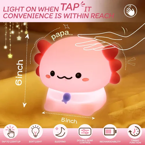 Vista 4 de Axolotl - Luz nocturna para niños – Regulador de intensidad de 3 niveles y temporizador de apagado automático, lámpara de silicona segura