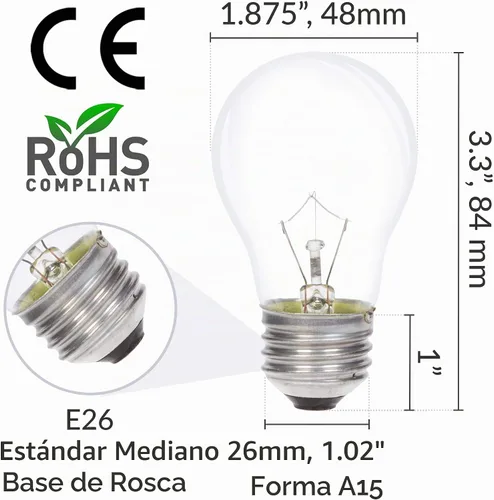Vista 3 de Simba Lighting Bombilla de electrodoméstico A15 de 25 W (paquete de 6) incandescente de forma mini estándar con base de tornillo mediano estándar