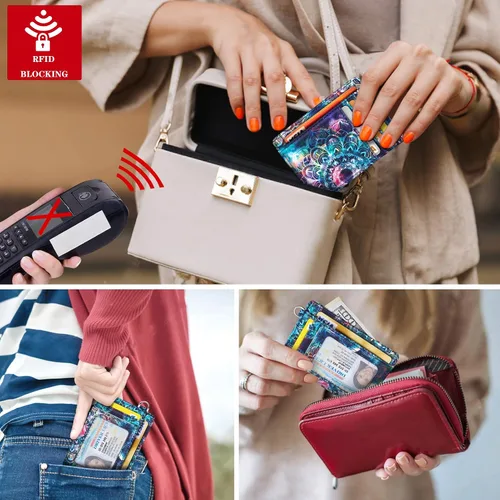 Vista 6 de Cartera delgada con bolsillo frontal RFID para tarjetas de identificación, bonita cartera pequeña con llavero para mujer