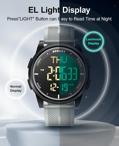 Vista 64 de Beeasy - Reloj digital de pulsera resistente al agua con cronómetro, alarma, cuenta regresiva, doble zona horaria, ultrafino, pantalla angular muy