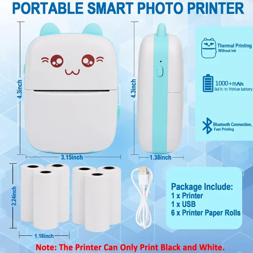 Vista 7 de Impresora portátil, mini impresora térmica inalámbrica Bluetooth de bolsillo con 6 rollos de papel de impresión para teléfono inteligente Android