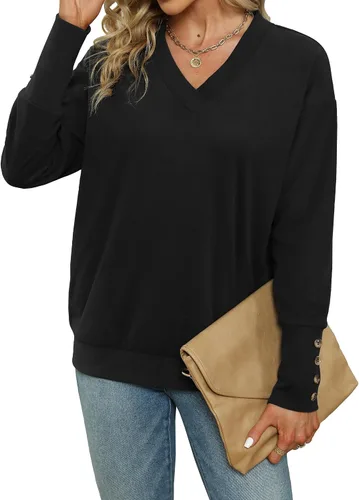 Vista 3 de Dimur Sudaderas con cuello en V para mujer, camisas de manga larga, estilo casual, a la moda, con botones, blusas 2023