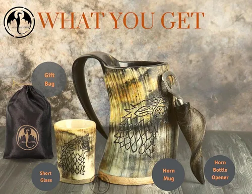 Vista 8 de Taza de Cuerno Vikingo para Beber, 16-20oz Vaso de Chupito y Abrebotellas Regalos Vikingos Especiales Únicos Hechos a Mano para Hombres y Mujeres