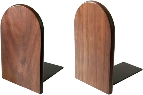 Vista 3 de Sujetalibros de madera, sujetalibros decorativos para estantes, libros pesados, soporte para libros de oficina, nogal negro, 6.7 pulgadas de alto x
