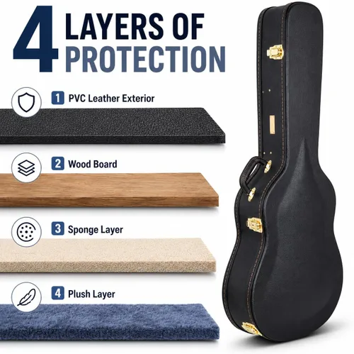 Vista 4 de Crossrock Estuche de madera para guitarra clásica de tamaño completo 4/4, diseño superior arqueado, interior de felpa, pestillos de metal Negro