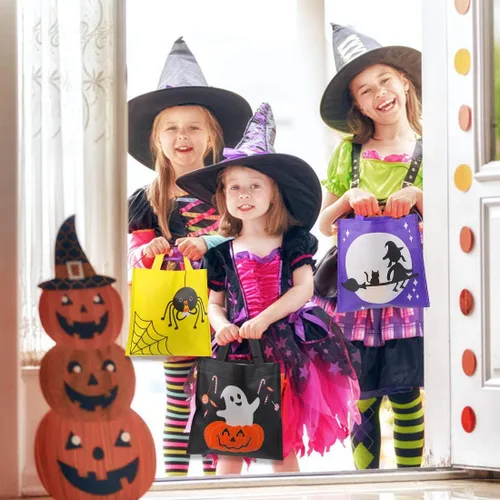 Vista 3 de CCINEE 24 bolsas no tejidas para golosinas, 8 bolsas de fiesta con patrón de Halloween, bolsas de fiesta con asas para niños, suministros de regalo