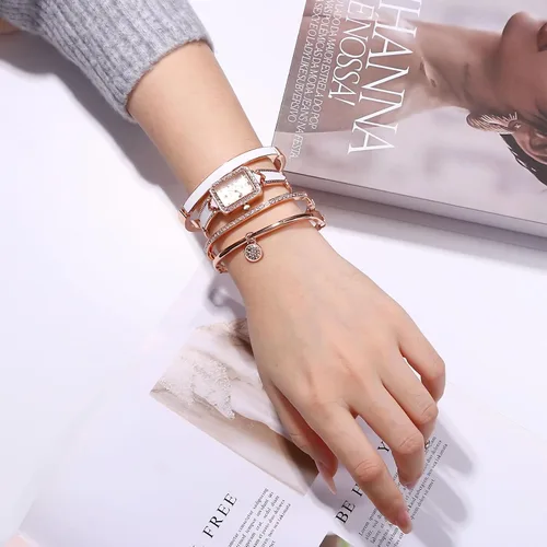 Vista 3 de JewelryWe Conjunto de pulsera de reloj para mujer reloj de pulsera de cristal brillante de oro rosa