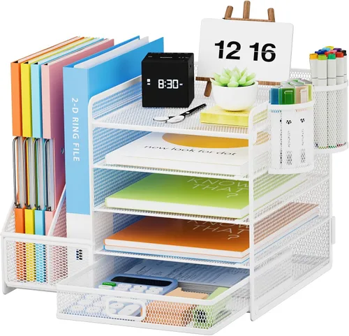Vista 8 de Lavatino Organizador de escritorio con soporte para archivos, organizador de bandeja de papel de 5 niveles con cajón deslizante y 2 soportes