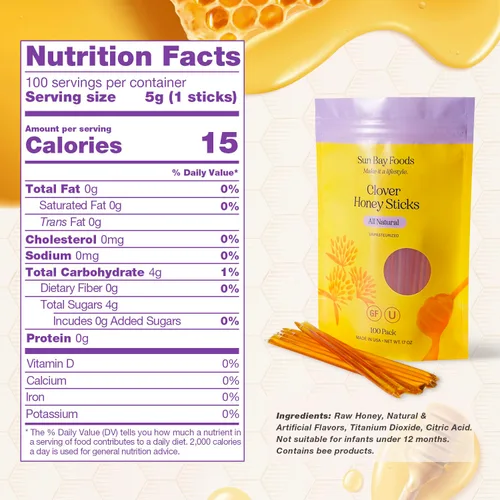 Vista 2 de Sun Bay Organics - Palitos de miel – 100 unidades de paquetes de miel pura sin filtrar sin OMG para té y aperitivos, fabricados en los Estados Unidos