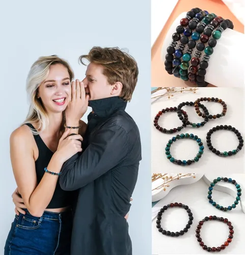 Vista 4 de MOZAKA 12 pulseras con cuentas de piedra natural de lava de 0.315 in para hombres y mujeres, ojo de tigre, hematita, ónix negro, cuentas mate