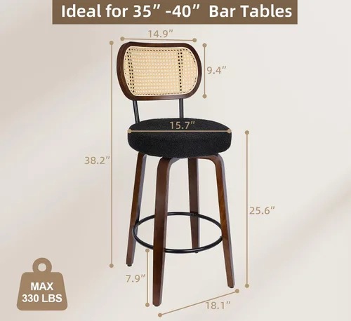 Vista 3 de Juego de 2 taburetes de bar de ratán, taburetes de bar giratorios de altura de mostrador con respaldo, sillas de cocina tapizadas de granja con Negro