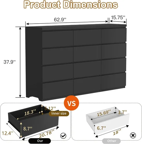 Vista 2 de Cómoda negra de 12 cajones para dormitorio, cómoda moderna con cajones profundos de 63 pulgadas, cómoda de almacenamiento ancha y larga, muebles